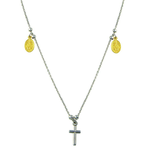 Silver 925 2 Toned Cross and Charms Necklace - ARN00014GP | Silver Palace Inc.