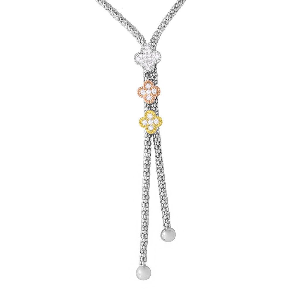 Sterling Silver Rhodium Plated Italian Drop Chain With 3 Toned Flowers - ARN00017TRI | Silver Palace Inc.