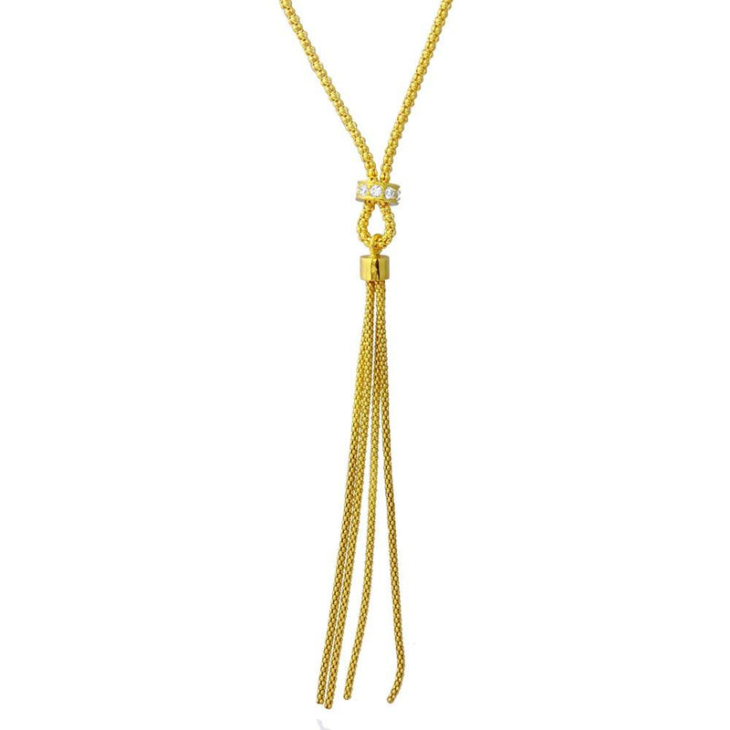 Silver 925 Gold Plated Tassel Drop Necklace with Connected CZ Ring Knot - ARN00033GP | Silver Palace Inc.