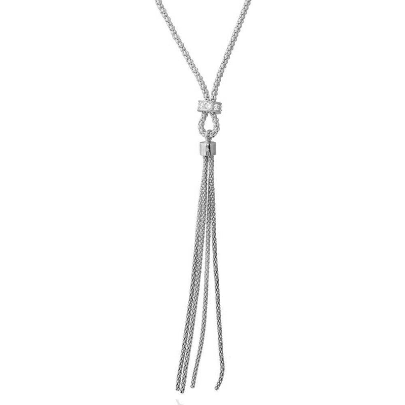Silver 925 Rhodium Plated Tassel Drop Necklace with Connected CZ Ring Knot - ARN00033RH | Silver Palace Inc.