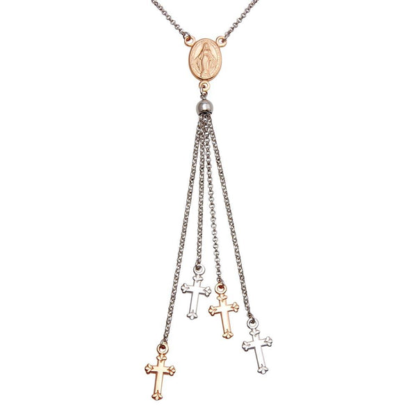 Silver 925 Rhodium and Rose Gold Plated Rosary Tassel Necklace - ARN00048RH-RGP | Silver Palace Inc.