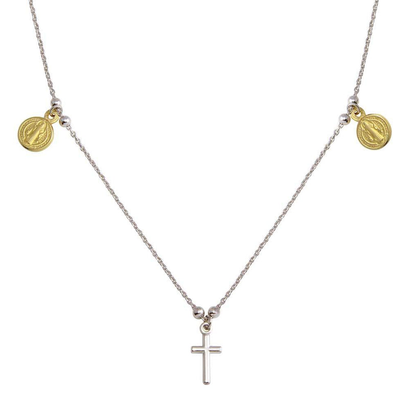 Silver 925 2 Toned Rhodium Gold Plated Cross With Religious Charms Necklace - ARN00049RH-GP | Silver Palace Inc.