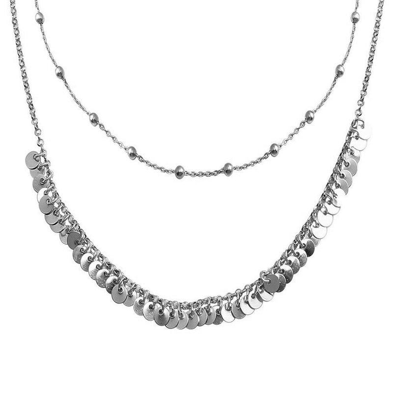 Silver 925 Rhodium Beaded Disc Charms Double Chain Choker Necklace - ARN00051RH | Silver Palace Inc.