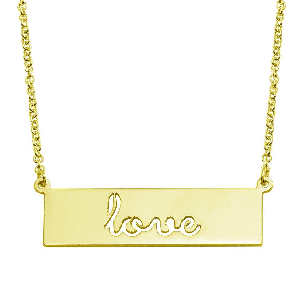 Silver 925 Gold Plated Love Engraved Bar Pendant Necklace - ARN00055GP | Silver Palace Inc.