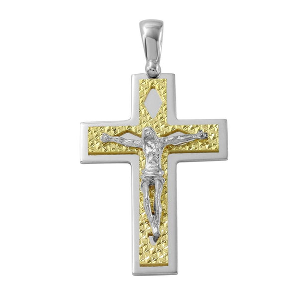 Silver 925 Two Tone D-C Gold Plated Crucifix Pendant with Rhombus Design - ARP00012 | Silver Palace Inc.