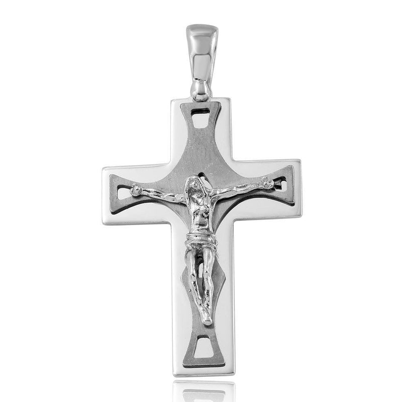 Silver 925 Rhodium and Matte Black Rhodium Plated Crucifix Pendant with Trapezoid Design - ARP00016B | Silver Palace Inc.