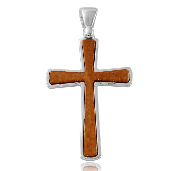 Silver 925 Rhodium Plated Wooden Cross Pendant - ARP00020 | Silver Palace Inc.