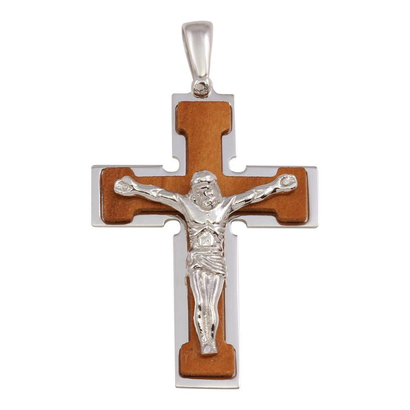 Silver 925 Rhodium Plated and Wood Crucifix Pendant - ARP00029B | Silver Palace Inc.