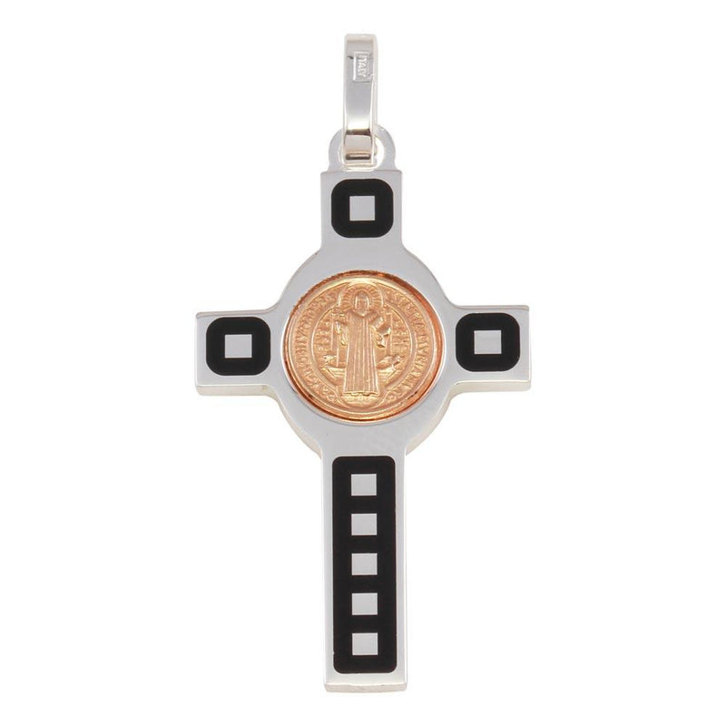 Silver 925 Rhodium Plated Cross Pendant with Rose Gold Plated Medallion - ARP00034RGP | Silver Palace Inc.