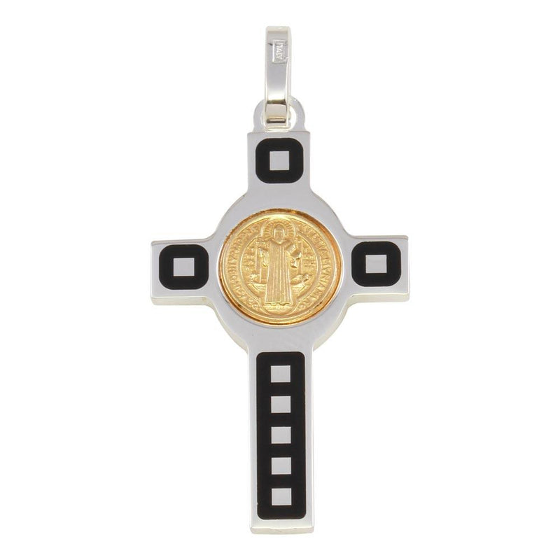 Silver 925 Rhodium Plated Cross Pendant with Gold Plated Medallion - ARP00034GP | Silver Palace Inc.