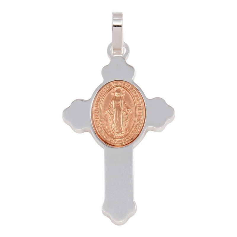 Silver 925 Rhodium Plated Cross Pendant with Rose Gold Plated Medallion - ARP00035RGP | Silver Palace Inc.