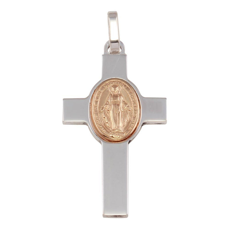 Silver 925 Rhodium Plated Cross Pendant with Rose Gold Plated Medallion - ARP00037RGP | Silver Palace Inc.