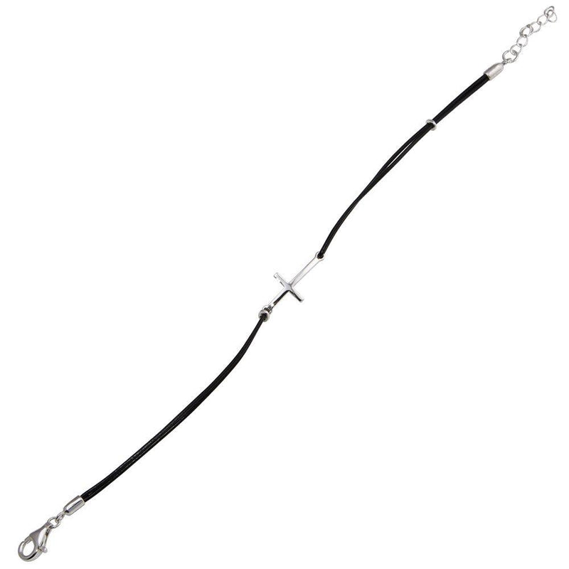 Rhodium Plated 925 Sterling Silver Sideways Cross Black Leather Cord Bracelet - BGB00151 | Silver Palace Inc.