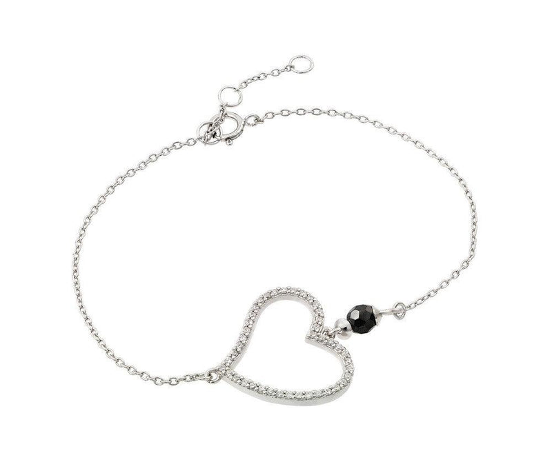 Silver 925 Rhodium Plated Open Heart Outline Clear Black CZ Bracelet - BGB00204 | Silver Palace Inc.