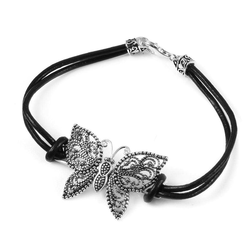 Silver 925 Beaded Butterfly Leather Bracelet - BGB00248 | Silver Palace Inc.