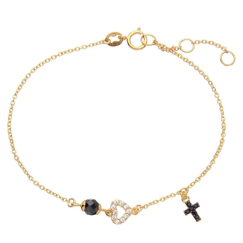 Silver 925 Gold Plated Bracelet with Cross, Open Heart and Black CZ Bead - BGB00279 | Silver Palace Inc.