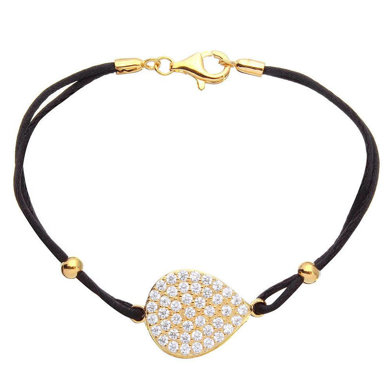 Silver 925 Gold Plated CZ Encrusted Disc on a Black Cord Bracelet - BGB00280 | Silver Palace Inc.