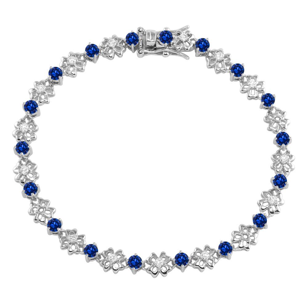 Silver 925 Rhodium Plated Flower Link Bracelet with Clear and Blue CZ - BGB00304BLU | Silver Palace Inc.