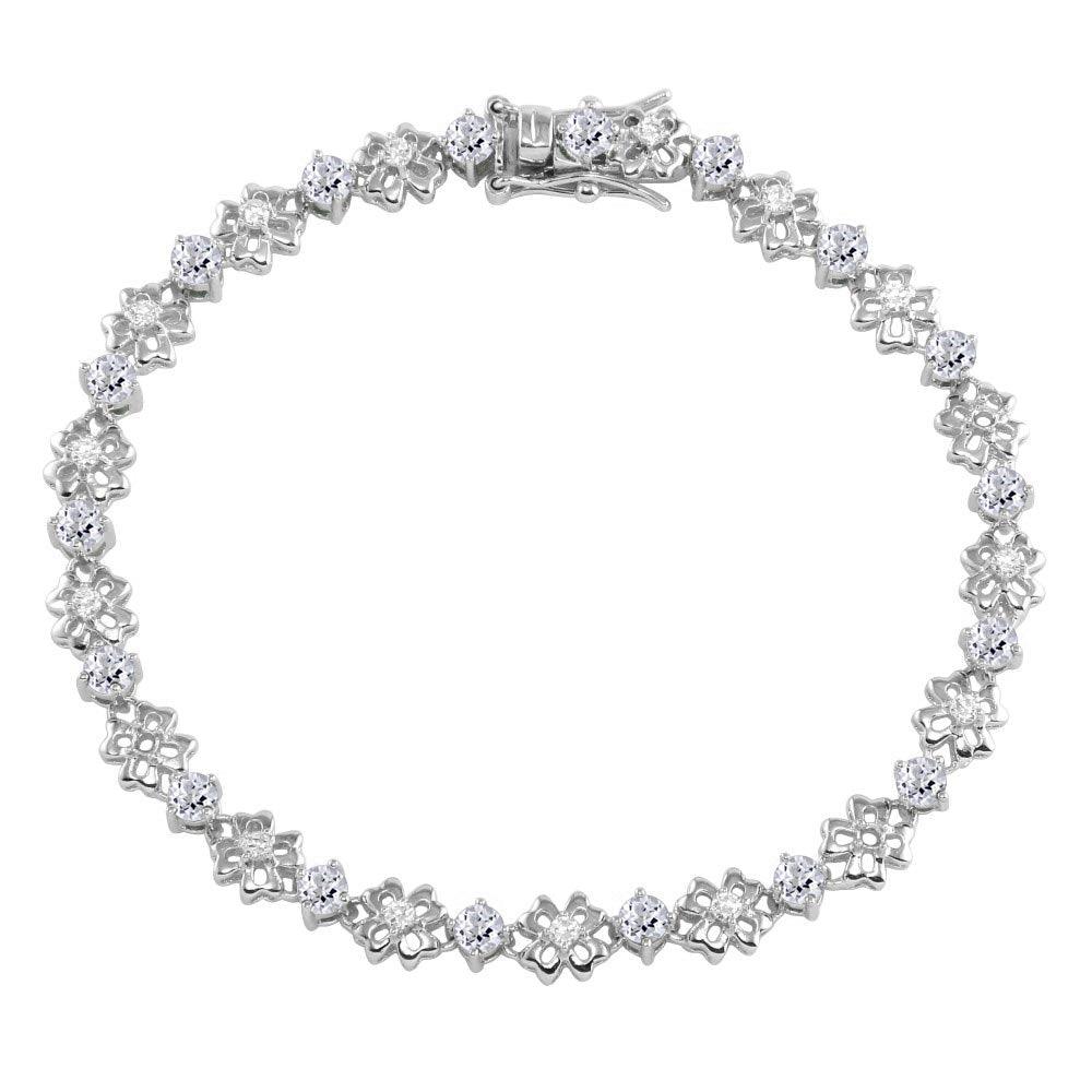 Silver 925 Rhodium Plated Flower Link Bracelet with Clear CZ - BGB00304CLR | Silver Palace Inc.