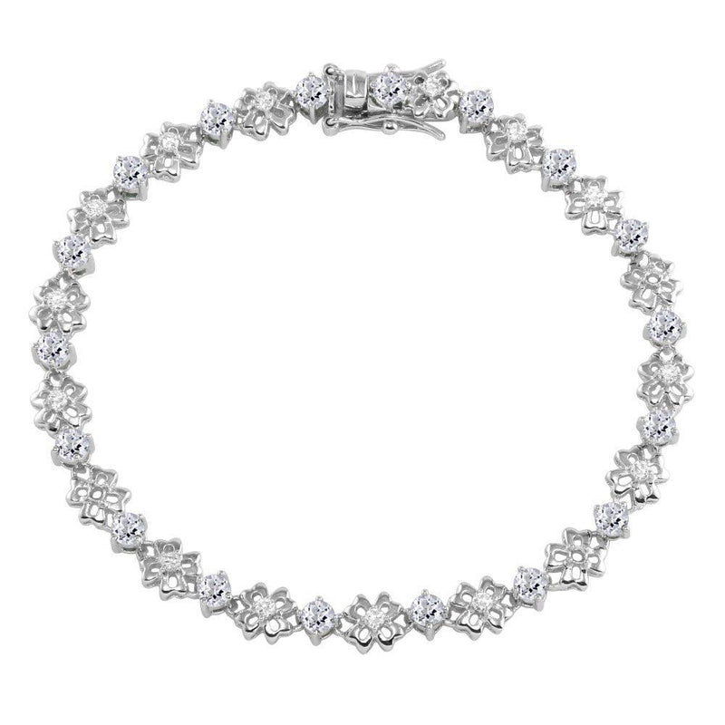 Silver 925 Rhodium Plated Flower Link  Bracelet with Clear CZ - BGB00304CLR | Silver Palace Inc.
