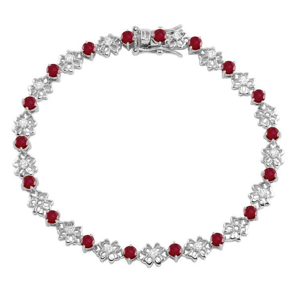 Silver 925 Rhodium Plated Flower Link  Bracelet with Clear And Red CZ - BGB00304GAR | Silver Palace Inc.