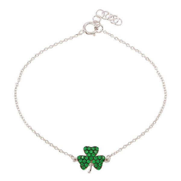 Silver 925 Rhodium Plated Clover Bracelet with Green CZ - BGB00311GRN | Silver Palace Inc.