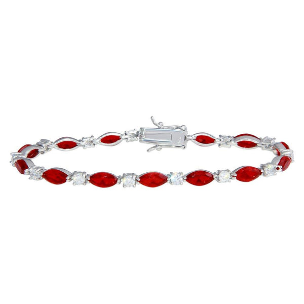Silver 925 Rhodium Plated Alternating Red Oval CZ and Clear Round CZ Tennis Bracelet - BGB00326RED | Silver Palace Inc.