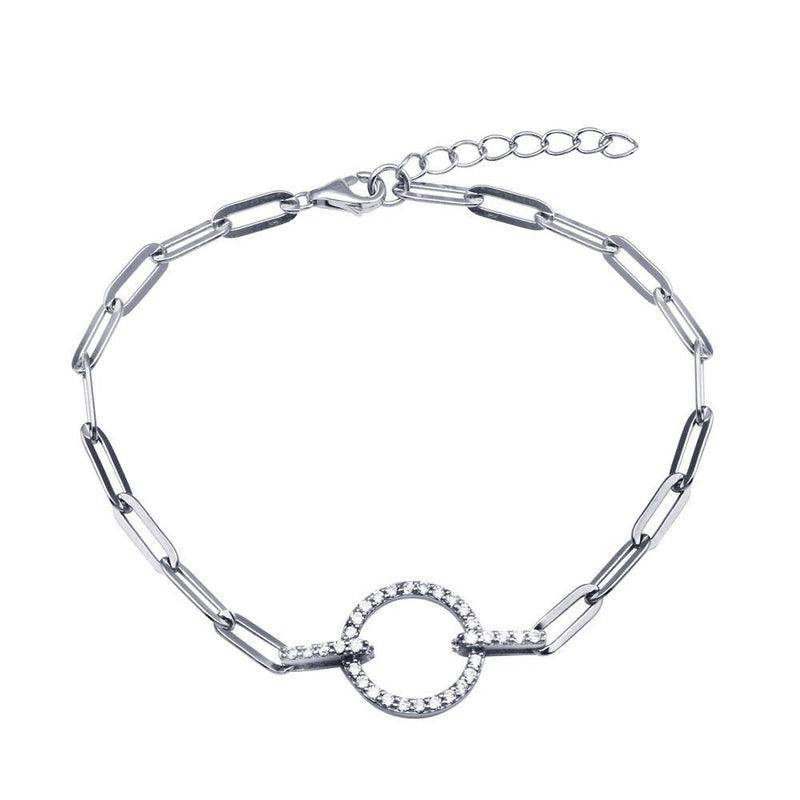 Rhodium Plated 925 Sterling Silver Open CZ Circle Paperclip Bracelet - BGB00358 | Silver Palace Inc.