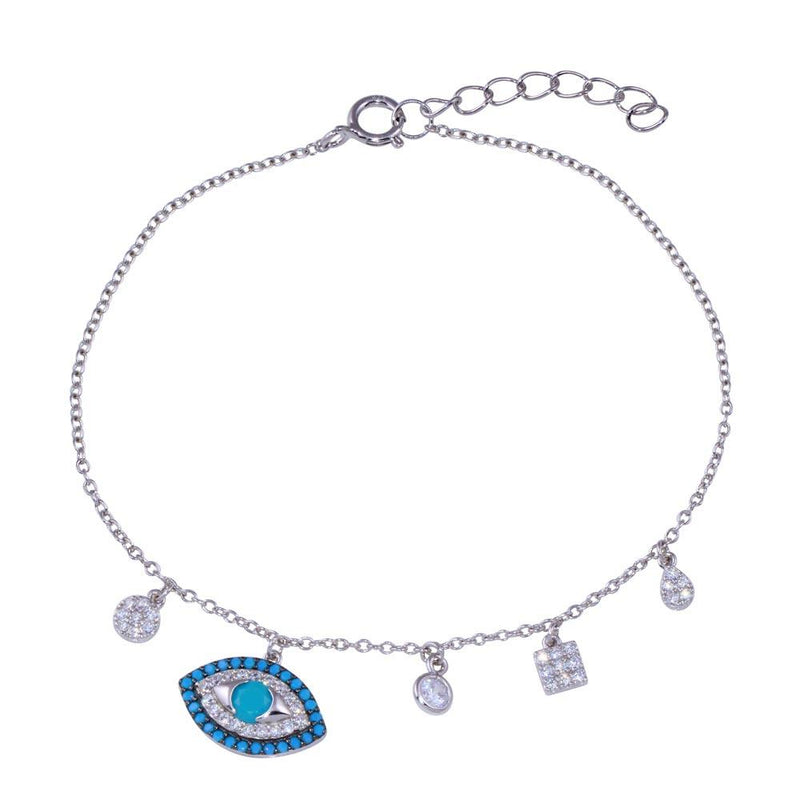 Silver 925 Evil Eye Dangling Charms Turquoise and Clear CZ Bracelet - BGB00365 | Silver Palace Inc.