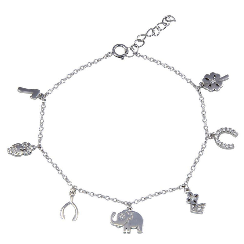 Silver 925 Rhodium Plated Open Circle Dangling Center Heart CZ Inlay Bracelet - BGB00036 | Silver Palace Inc.