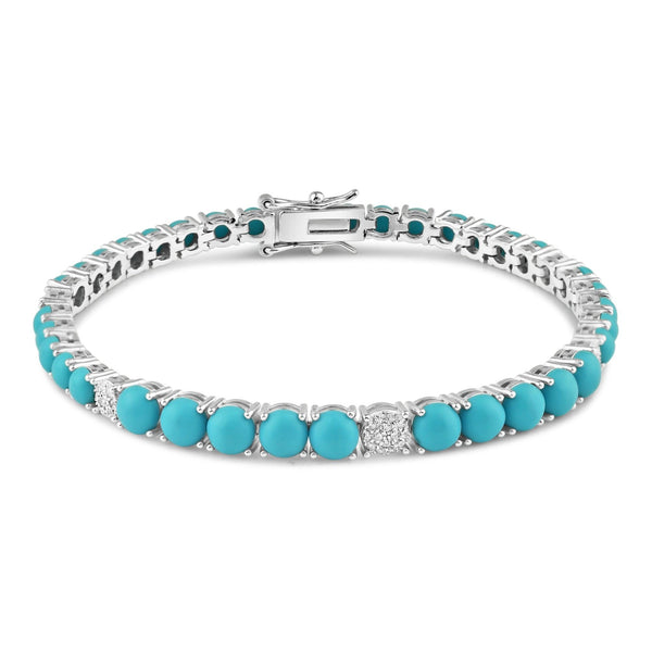 Rhodium Plated 925 Sterling Silver Turquoise and Clear CZ 5mm Tennis Bracelet - BGB00384 | Silver Palace Inc.