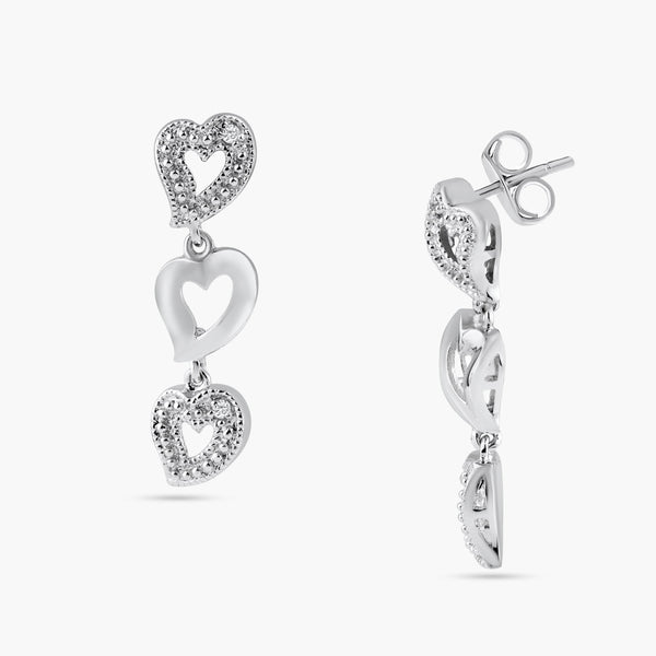 Silver 925 Rhodium Plated Clear Multiple Open Heart CZ Stud Dangling Earrings - BGE00025 | Silver Palace Inc.