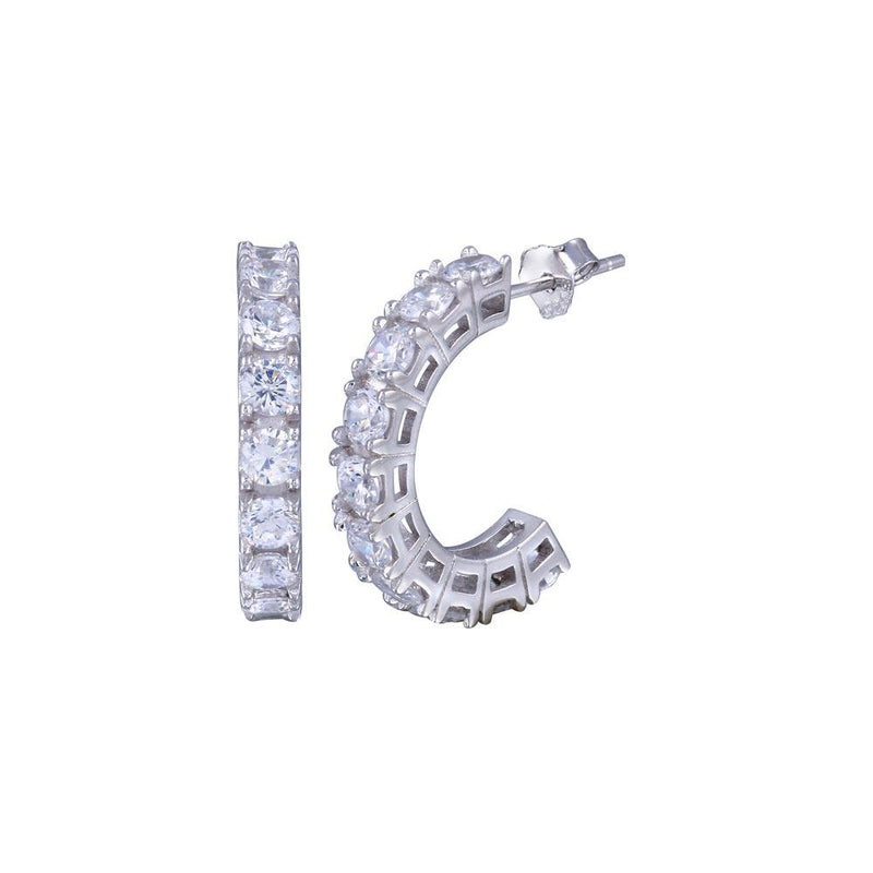 Silver 925 Rhodium Plated Round Clear CZ huggie hoop Earrings - BGE00029 | Silver Palace Inc.