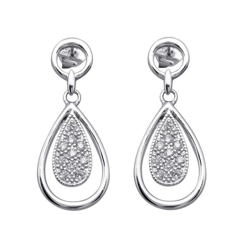 Silver 925 Rhodium Plated Open Teardrop Clear CZ Dangling Stud Earrings - BGE00043 | Silver Palace Inc.