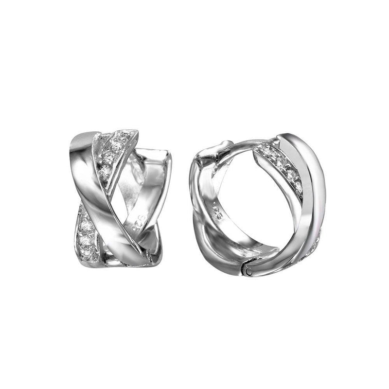 Silver 925 Rhodium Plated X huggie hoop Earrings with Cubic Zirconia Stones - BGE00467 | Silver Palace Inc.
