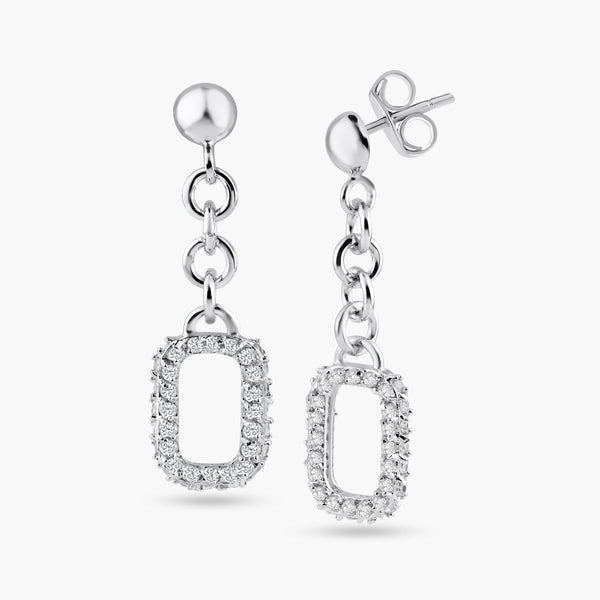 Silver 925 Rhodium Plated Open Rectangle Clear CZ Dangling Wire Earrings - BGE00053 | Silver Palace Inc.