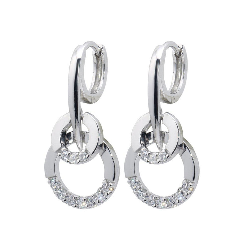 Silver 925 Rhodium Plated Two Round CZ Lever Back huggie hoop Earrings - BGE00098 | Silver Palace Inc.