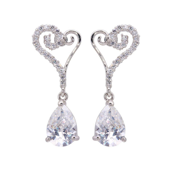 Silver 925 Rhodium Plated Open Heart CZ Dangling Stud Earrings - BGE00104 | Silver Palace Inc.