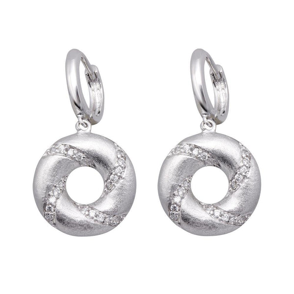 Silver 925 Rhodium Plated Open Circle Stripped CZ Dangling huggie hoop Earrings - BGE00136 | Silver Palace Inc.