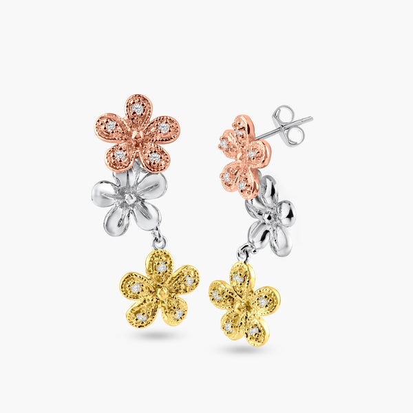 Silver 925 Rhodium Plated Multicolor Flower CZ Dangling Stud Earrings - BGE00187 | Silver Palace Inc.