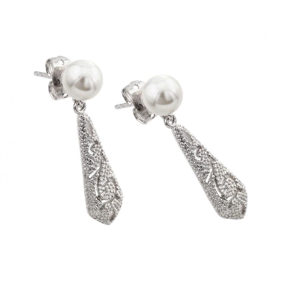 Rhodium Plated Cz Drop Earring With Dangling Pearl For Women
