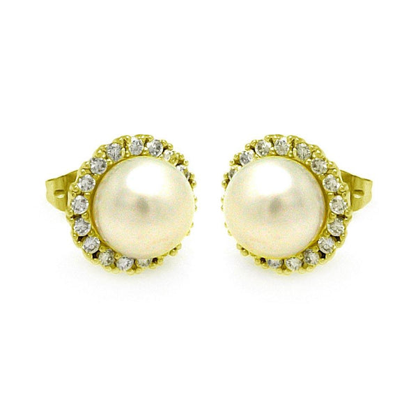 Silver 925 Gold Plated Round CZ Center Fresh Water Pearl Stud Earrings - BGE00253GP | Silver Palace Inc.