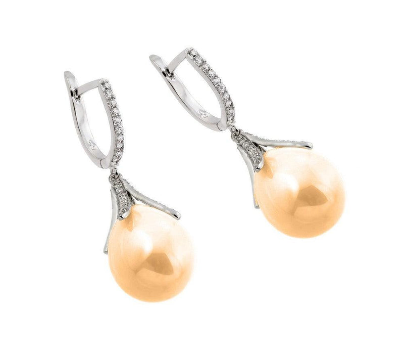 Silver 925 Rhodium Plated Channel CZ Champagne Synthetic Pearl Lever Back Earrings - BGE00262 | Silver Palace Inc.