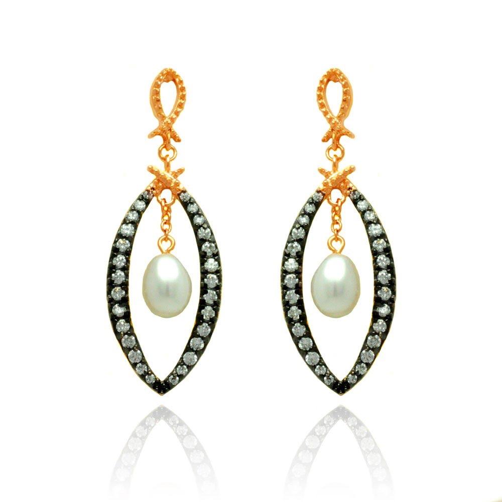 Silver 925 Black and Rose Gold Plated Open Marquise Clear CZ Dangling Fresh Water Pearl Stud Earrings - BGE00289 | Silver Palace Inc.