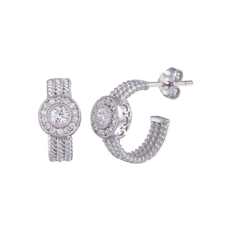 Silver 925 Rhodium Plated Crescent Center Round CZ Semi-huggie hoop Earrings - BGE00322 | Silver Palace Inc.
