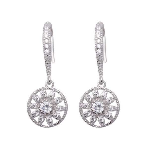 Silver 925 Rhodium Plated Flower CZ Dangling Hook Earrings - BGE00324 | Silver Palace Inc.