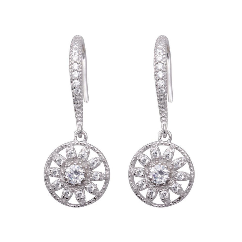 Silver 925 Rhodium Plated Flower CZ Dangling Hook Earrings - BGE00324 | Silver Palace Inc.