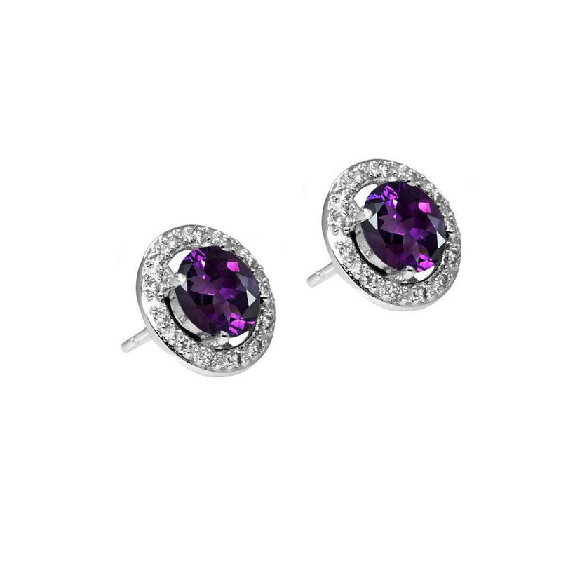 Silver 925 Rhodium Plated Purple and Clear Round CZ Stud Earrings - BGE00332 | Silver Palace Inc.