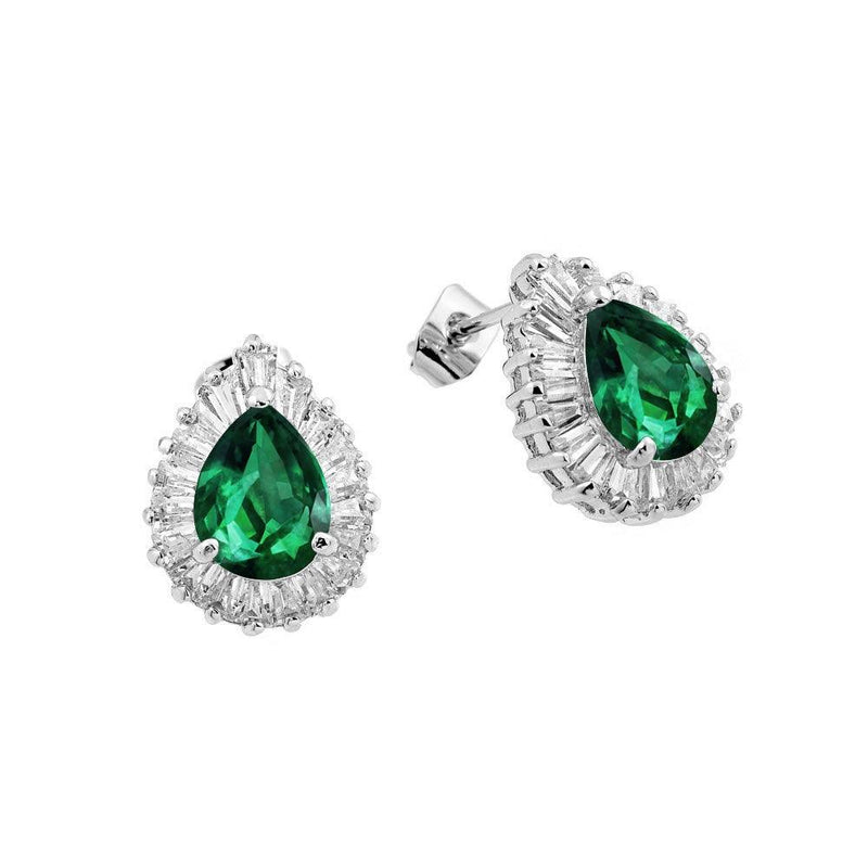 Silver 925 Rhodium Plated Clear and Green Teardrop Baguette CZ Stud Earrings - BGE00338 | Silver Palace Inc.