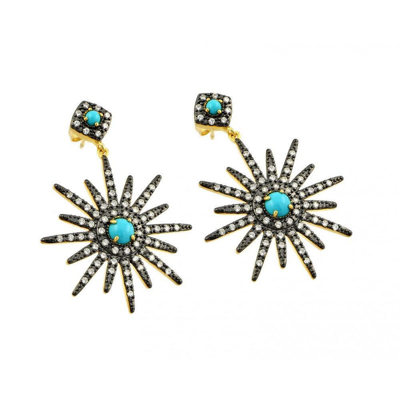 Silver 925 Two Toned Gold and Black Rhodium Plated Sun Clear CZ Turquoise Round Dangling Stud Earrings - BGE00343 | Silver Palace Inc.